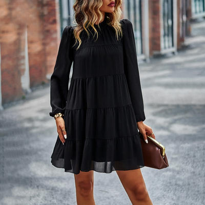 Women'S Long Sleeve Ruffle Mock Neck Tiered Mini Babydoll Dress Casual Swing Tunic Shift Dresses Chiffon Cute