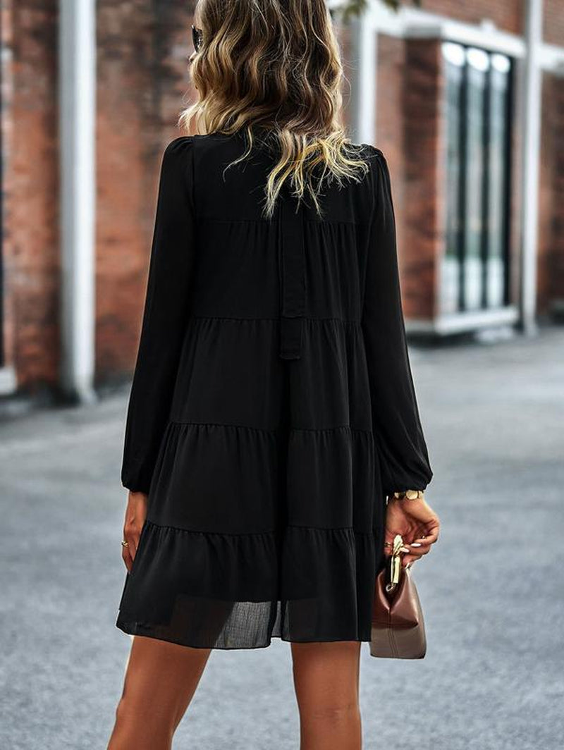 Women'S Long Sleeve Ruffle Mock Neck Tiered Mini Babydoll Dress Casual Swing Tunic Shift Dresses Chiffon Cute
