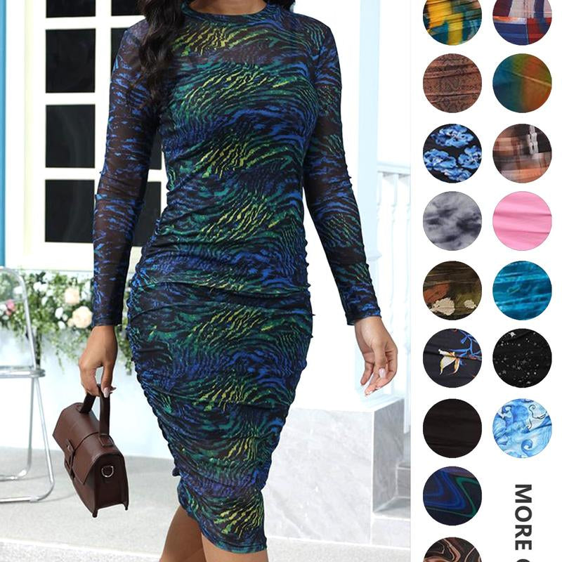 MOEENCN Sexy Long Sleeve Midi Dress for Women Sheer Mesh Printed Two Piece Skirt Set Crew Neck See through Bodycon Party