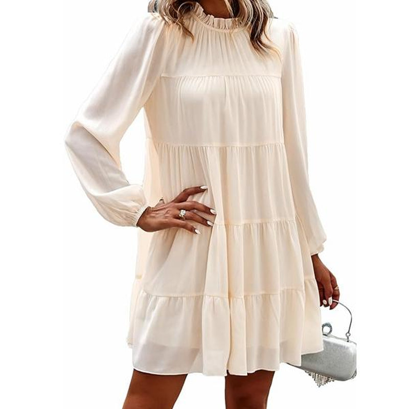 Women'S Long Sleeve Ruffle Mock Neck Tiered Mini Babydoll Dress Casual Swing Tunic Shift Dresses Chiffon Cute