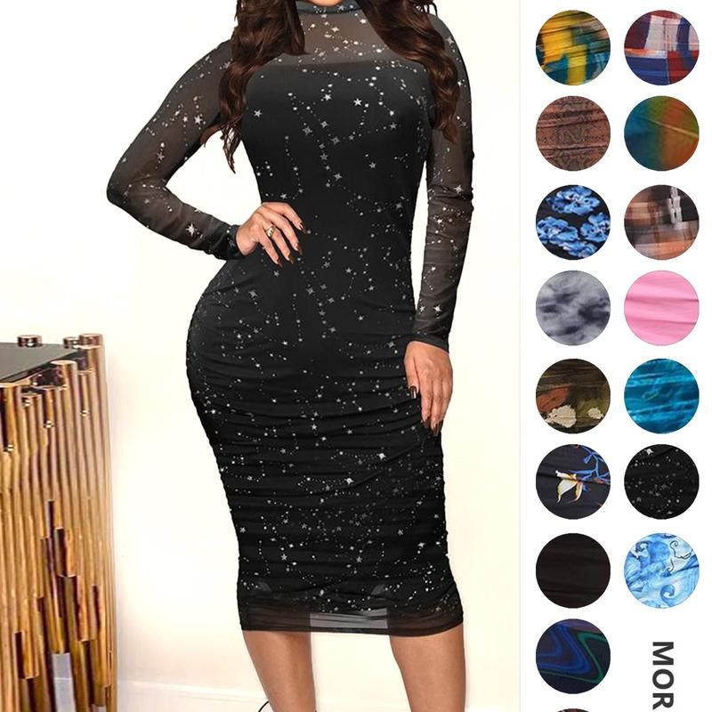 MOEENCN Sexy Long Sleeve Midi Dress for Women Sheer Mesh Printed Two Piece Skirt Set Crew Neck See through Bodycon Party