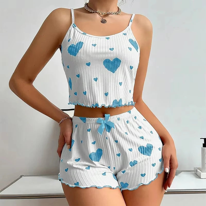 Women’s 2PCS Heart Print Pajama Set, Sleeveless Crop Top and Shorts, Soft Comfy Sleepwear Loungewear for Summer Nightwear