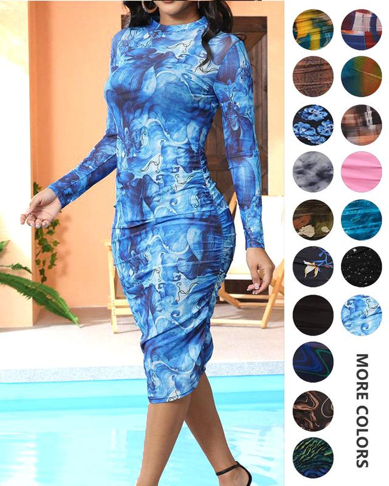 MOEENCN Sexy Long Sleeve Midi Dress for Women Sheer Mesh Printed Two Piece Skirt Set Crew Neck See through Bodycon Party
