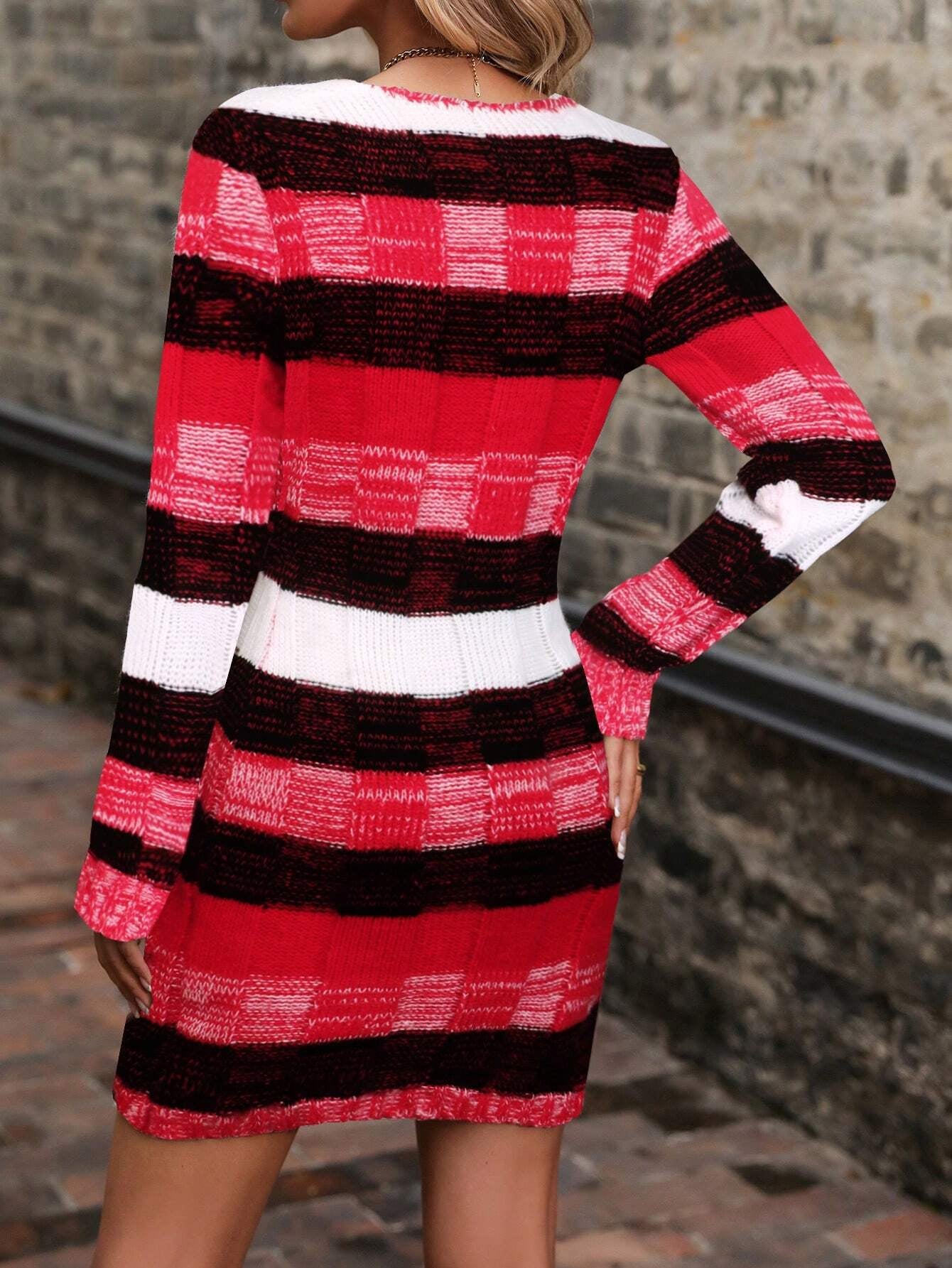 LUNE Color-Block Pattern Dual Pocket Sweater Dress