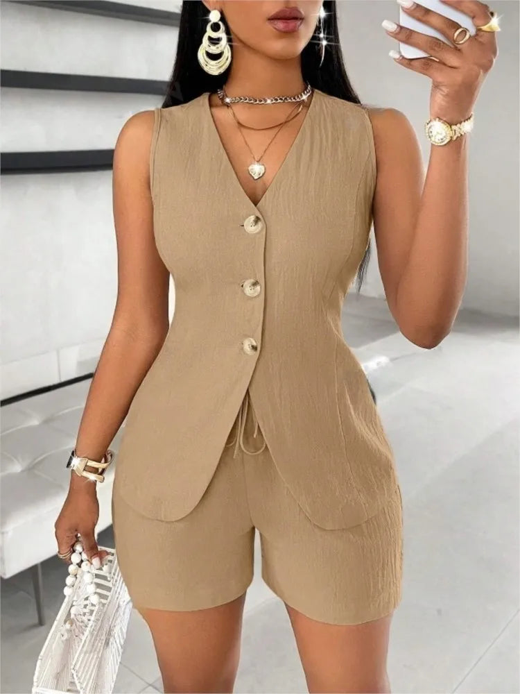Women’s 2 Piece Summer Outfit – Casual Button Top & Shorts Set | Elegant Solid Color Fashion Suit 2025