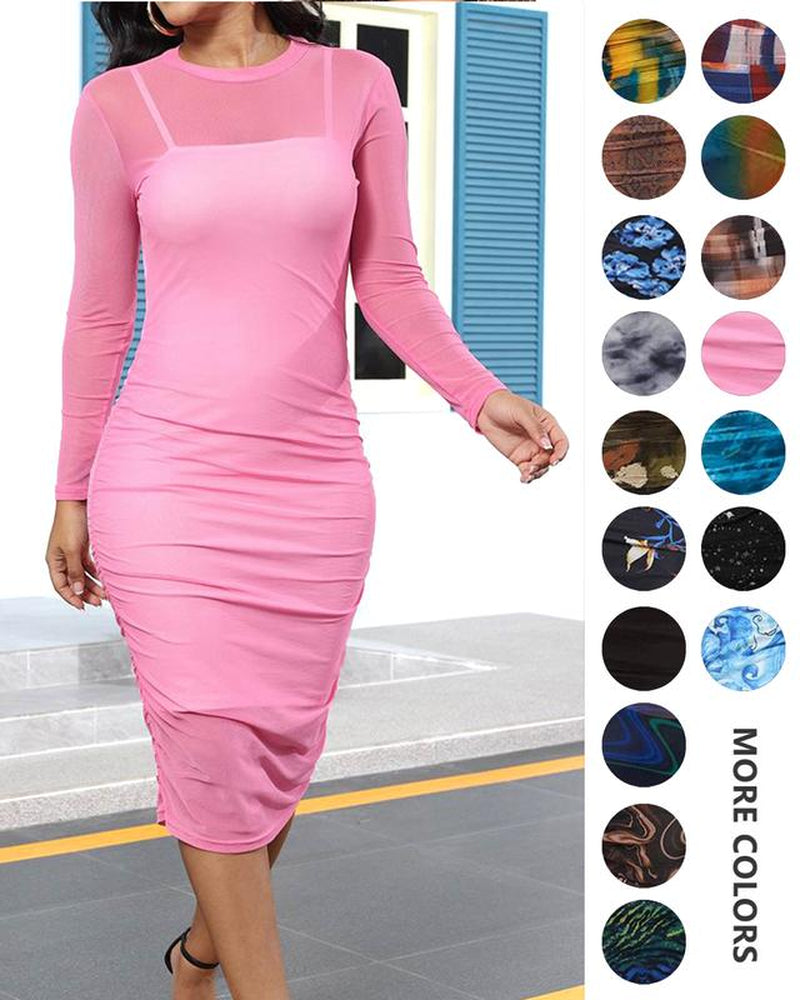 MOEENCN Sexy Long Sleeve Midi Dress for Women Sheer Mesh Printed Two Piece Skirt Set Crew Neck See through Bodycon Party