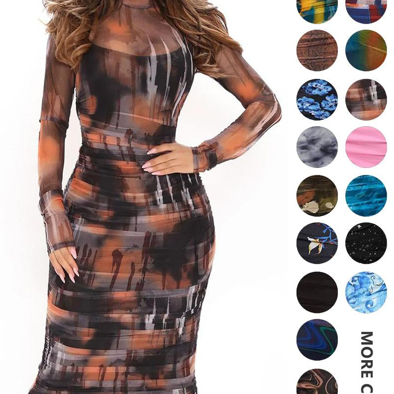 MOEENCN Sexy Long Sleeve Midi Dress for Women Sheer Mesh Printed Two Piece Skirt Set Crew Neck See through Bodycon Party