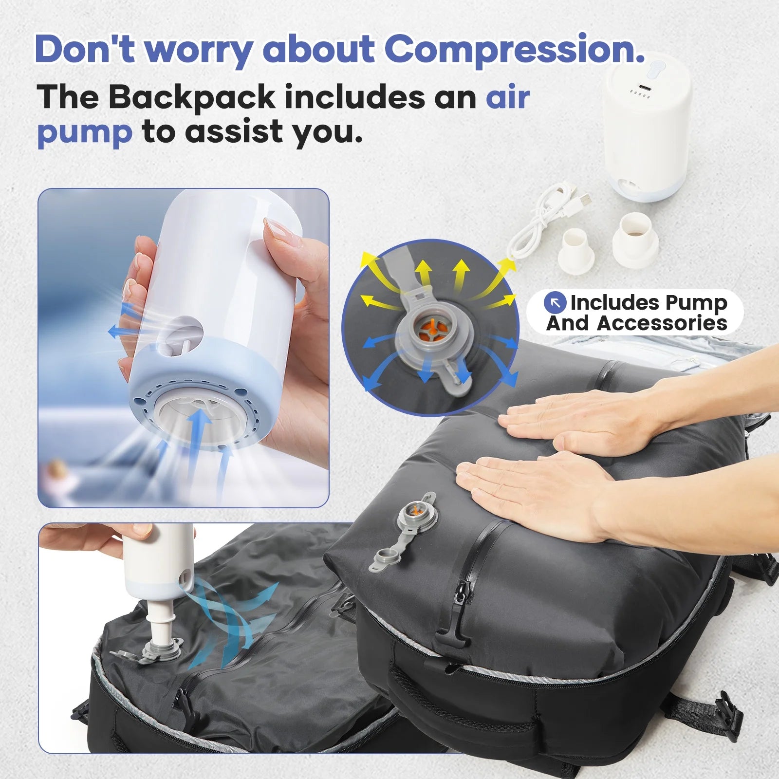 Airback Travel Backpack with Vacuum Seal Compression, Vacpack Backpack for Travel with Air Pump, Personal Item Carry on Bag Airlines Approved, Water Resistant Airbag Vacuum Backpack College Daypack