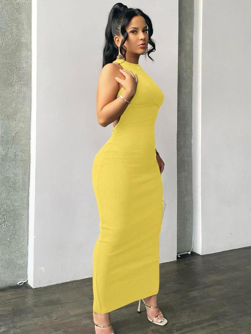 Women'S Plain Criss Cross Backless Split Hem Sleeveless Ribbed Bodycon Dress, Birthday Dresses 2024, Dresses for Women, Summer Dresses 2024, Casual round Neck Long Tank Dress, Women'S Clothes