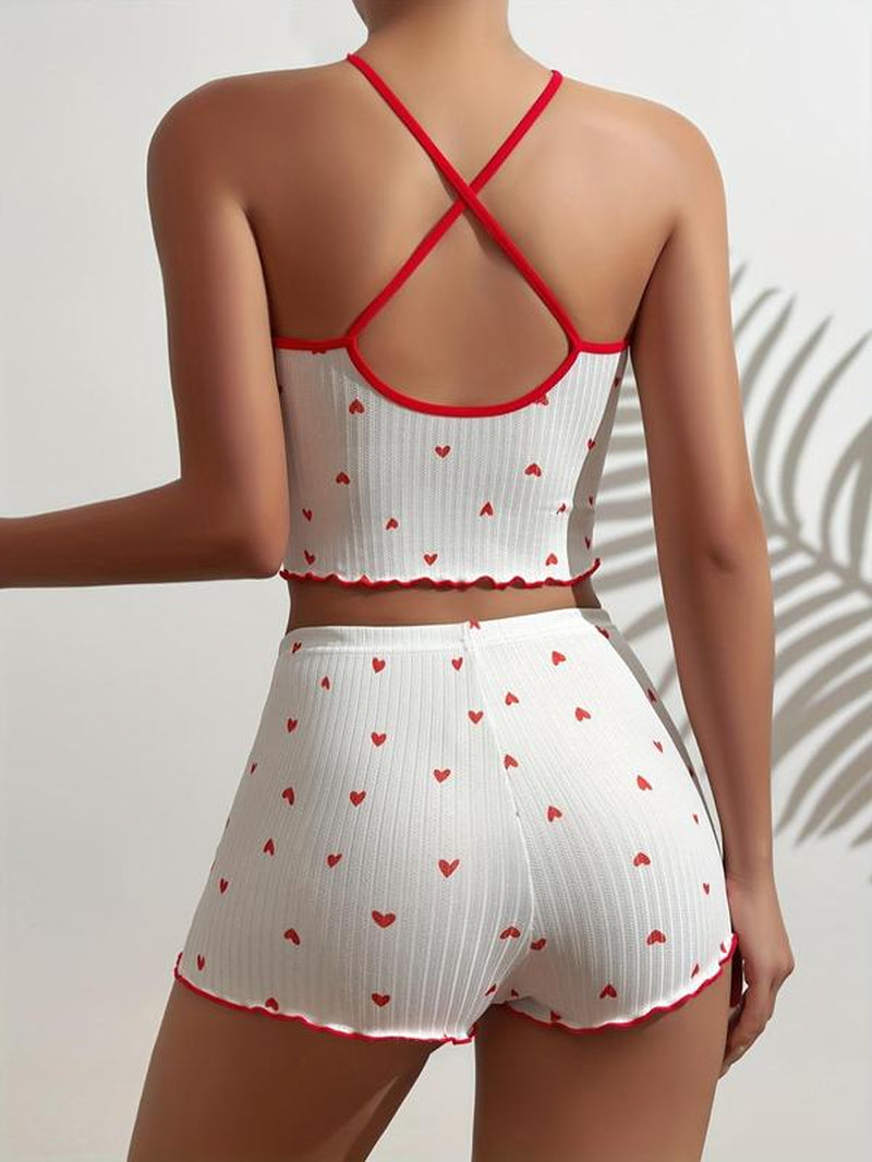 Two-Piece Set Women'S Heart Print Bow Decor Cami Top & Lettuce Trim Shorts Pyjama Set, Comfy Criss Cross Camisole & Shorts PJ Set, Summer Wear 2024, Valentine'S Day Gift, Women'S Sleepwear