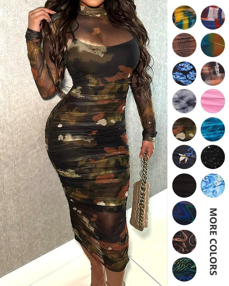 MOEENCN Sexy Long Sleeve Midi Dress for Women Sheer Mesh Printed Two Piece Skirt Set Crew Neck See through Bodycon Party