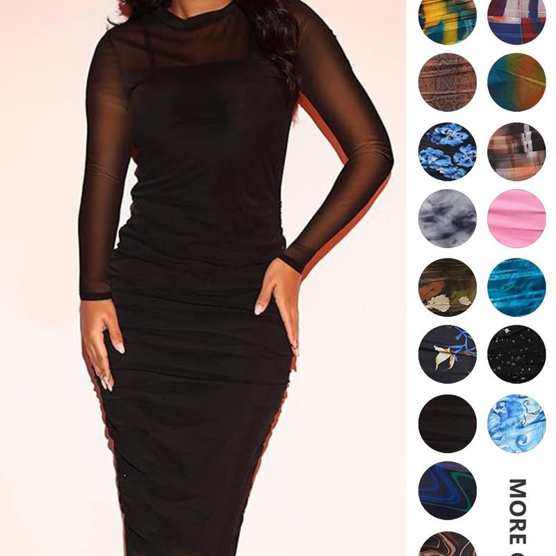 MOEENCN Sexy Long Sleeve Midi Dress for Women Sheer Mesh Printed Two Piece Skirt Set Crew Neck See through Bodycon Party