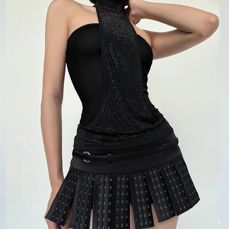 Solid Crystal Embellished Halter Tank Top Women'S Sexy Neck Tie Back Slim Bodycon Top for Summer Holiday Vacation Outfit Night Party Dating Short Tops