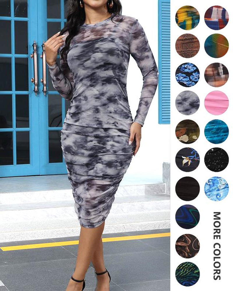 MOEENCN Sexy Long Sleeve Midi Dress for Women Sheer Mesh Printed Two Piece Skirt Set Crew Neck See through Bodycon Party