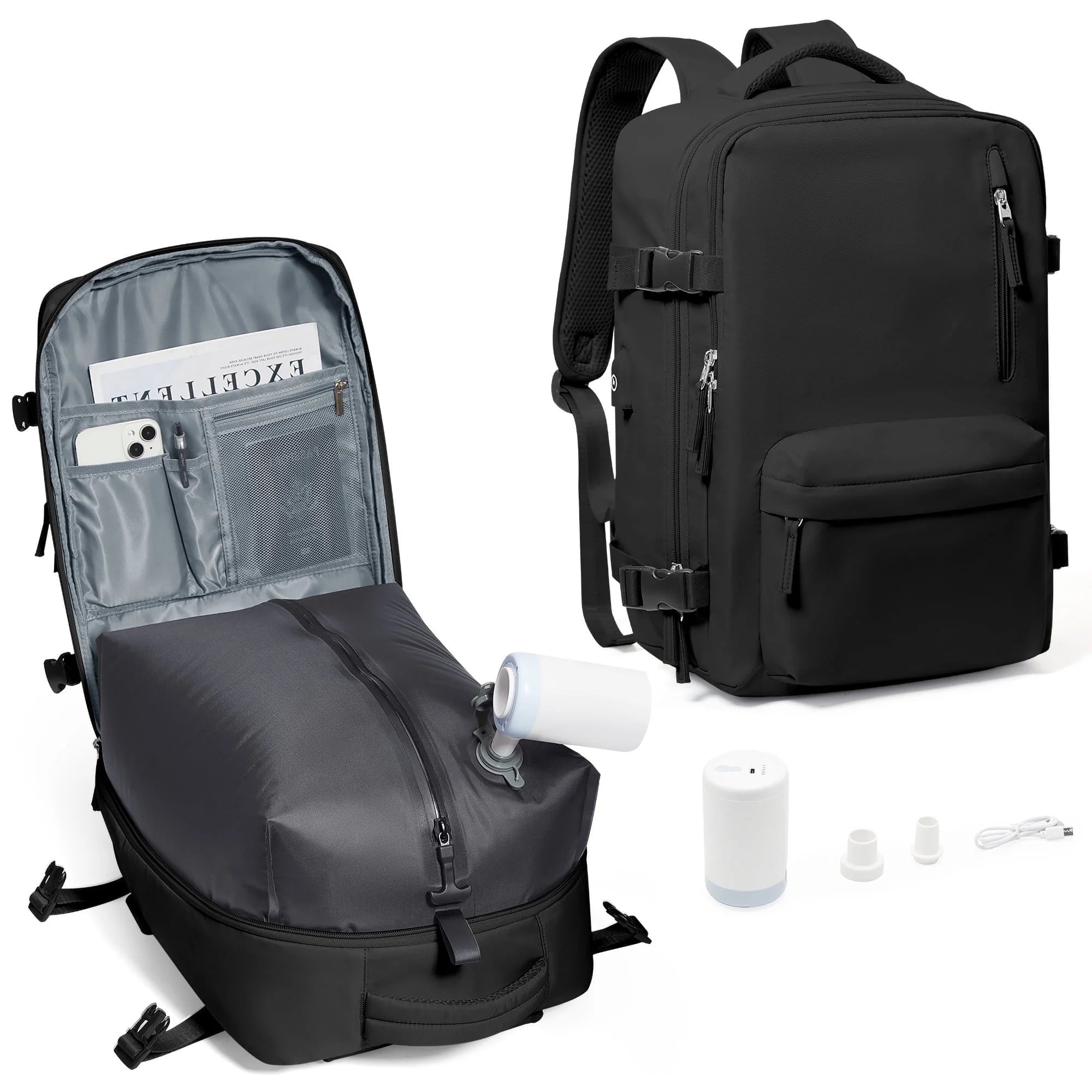 Airback Travel Backpack with Vacuum Seal Compression, Vacpack Backpack for Travel with Air Pump, Personal Item Carry on Bag Airlines Approved, Water Resistant Airbag Vacuum Backpack College Daypack