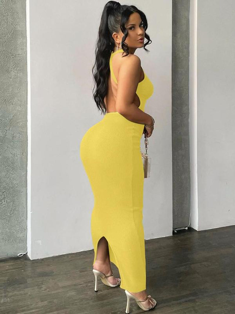 Women'S Plain Criss Cross Backless Split Hem Sleeveless Ribbed Bodycon Dress, Birthday Dresses 2024, Dresses for Women, Summer Dresses 2024, Casual round Neck Long Tank Dress, Women'S Clothes