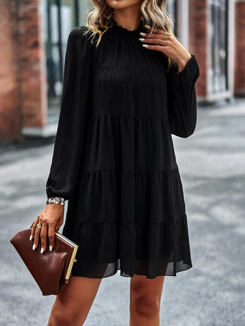 Women'S Long Sleeve Ruffle Mock Neck Tiered Mini Babydoll Dress Casual Swing Tunic Shift Dresses Chiffon Cute