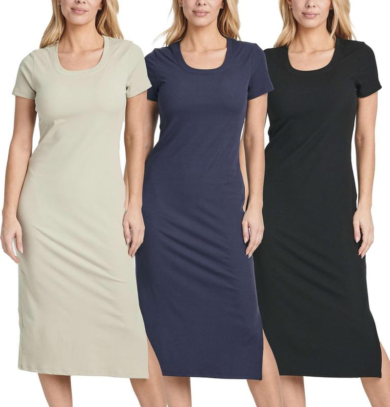 3 Pack: Women'S Ribbed Jersey Crew Neck Short Sleeve Midi Length Dress with Side Slit