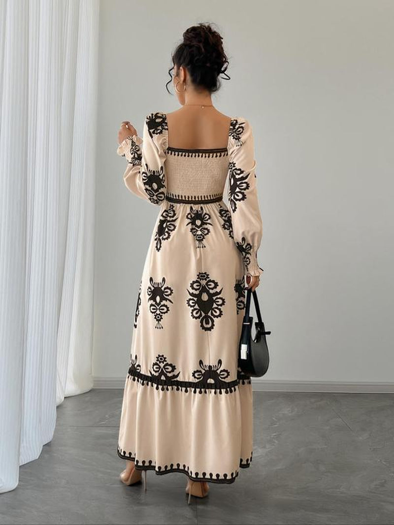 Women'S All over Print Shirred Bishop Sleeve a Line Dress, Longsleeves Dress for Fall & Winter, Women'S Clothing for Vacation Holiday, Dresses for Women, Womenswear, Classy Modest Dresses, Casual Dresses