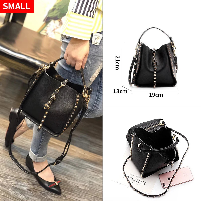 Genuine Leather Bags Women Rivet Crossbody Bags Women Causal Messenger Shoulder Bag Luxury Handbags Brands Designer Famous Bags