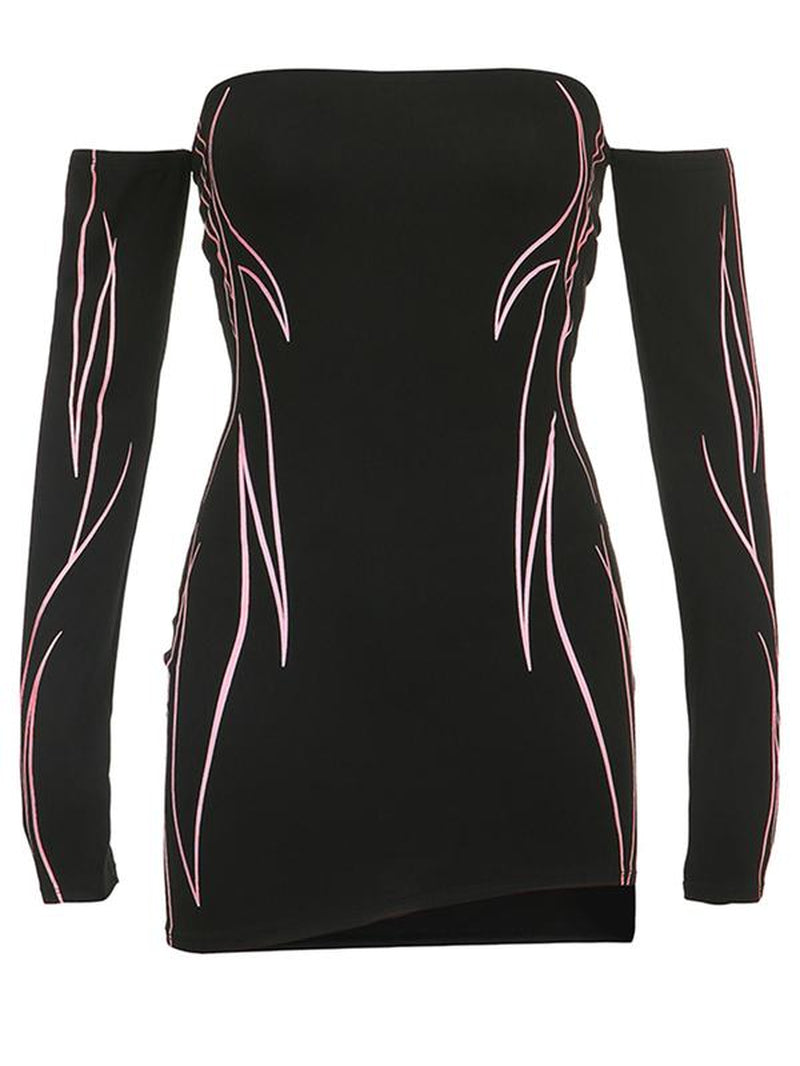 Women'S Stripes Print Asymmetrical Hem Mini Bodycon Dress, Fall Dresses for Women, Birthday Dresses 2024, Street Trendy off Shoulder Tight Sleeve Bodycon Dress, Fall Dresses, Downtown Girl Clothes Downtown Girl Clothes, Clothing