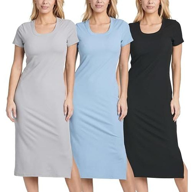 3 Pack: Women'S Ribbed Jersey Crew Neck Short Sleeve Midi Length Dress with Side Slit