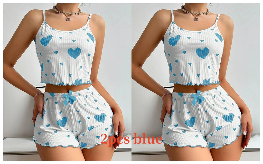 Women’s 2PCS Heart Print Pajama Set, Sleeveless Crop Top and Shorts, Soft Comfy Sleepwear Loungewear for Summer Nightwear
