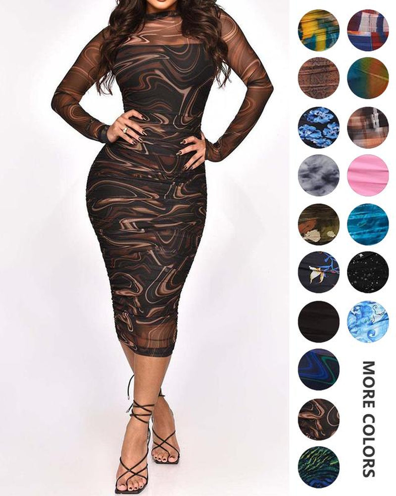 MOEENCN Sexy Long Sleeve Midi Dress for Women Sheer Mesh Printed Two Piece Skirt Set Crew Neck See through Bodycon Party
